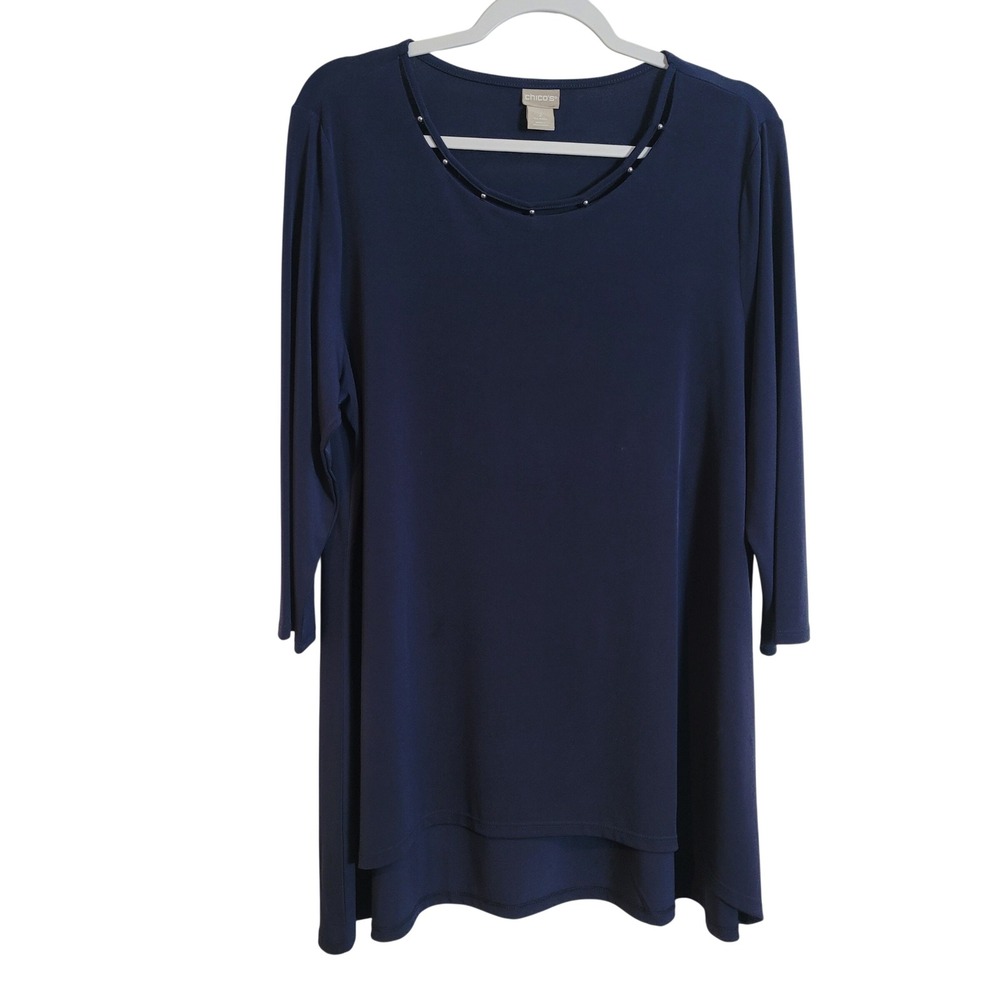 Chicos Navy Blue Studded Lattice Neck Tunic Top 3/4 Sleeve Size 2 Large Artsy
